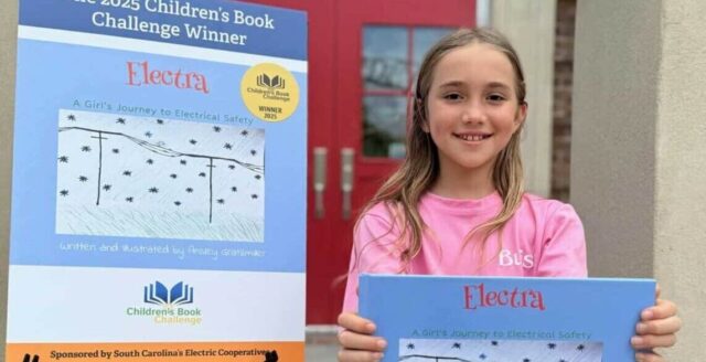 Young girl holds up winning book